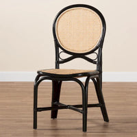 Chaise de salle à manger Ayana moderne du milieu du siècle bicolore noir et rotin marron naturel