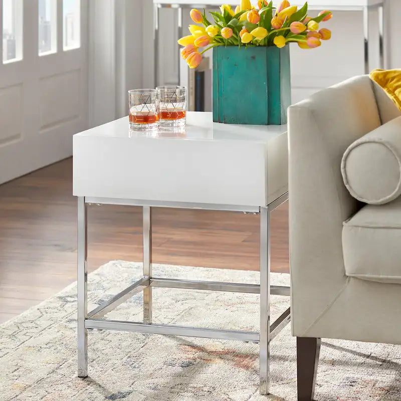 Table d'appoint Living Simple en métal blanc très brillant