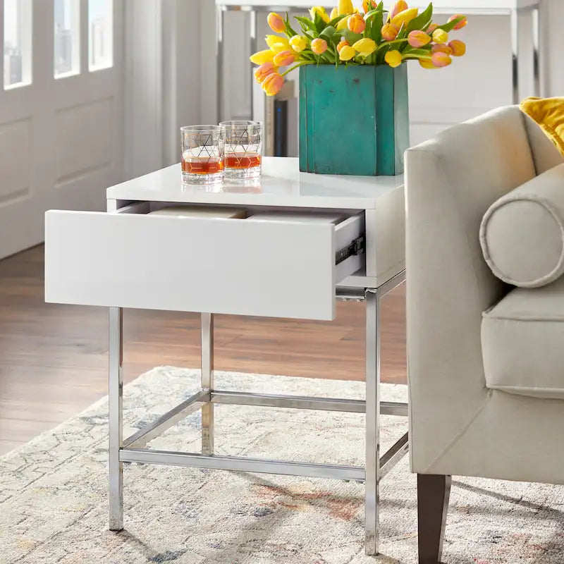 Table d'appoint Living Simple en métal blanc très brillant