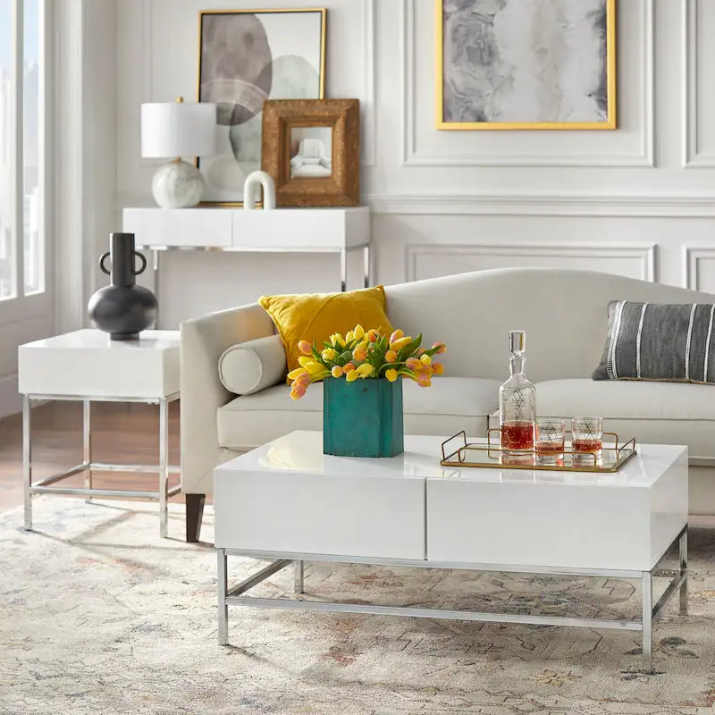 Table d'appoint Living Simple en métal blanc très brillant
