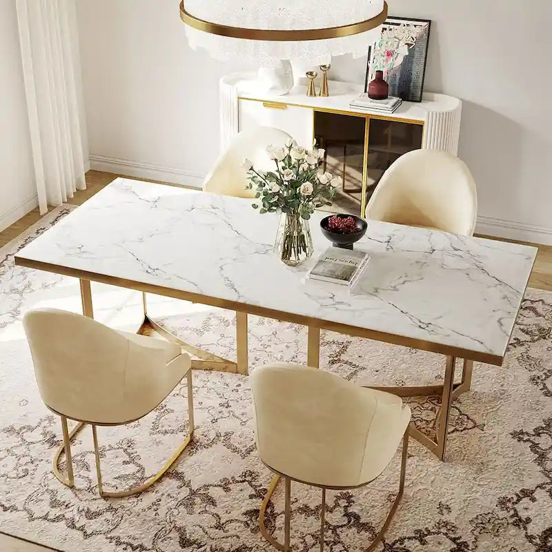 Table à manger moderne en marbre avec plateau rectangulaire blanc et pieds en acier inoxydable doré, table de salle à manger pour 4-6 personnes - 160 cm