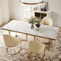 Table à manger moderne en marbre avec plateau rectangulaire blanc et pieds en acier inoxydable doré, table de salle à manger pour 4-6 personnes - 160 cm