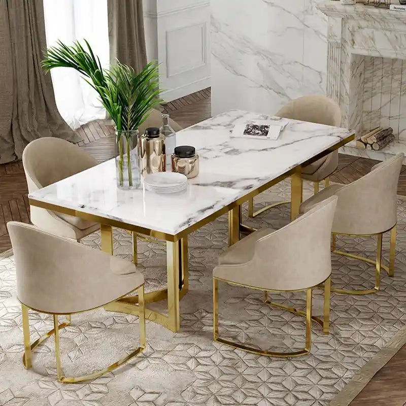 Table à manger moderne en marbre avec plateau rectangulaire blanc et pieds en acier inoxydable doré, table de salle à manger pour 4-6 personnes - 160 cm