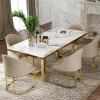 Table à manger moderne en marbre avec plateau rectangulaire blanc et pieds en acier inoxydable doré, table de salle à manger pour 4-6 personnes - 160 cm