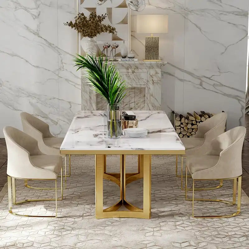 Table à manger moderne en marbre avec plateau rectangulaire blanc et pieds en acier inoxydable doré, table de salle à manger pour 4-6 personnes - 160 cm