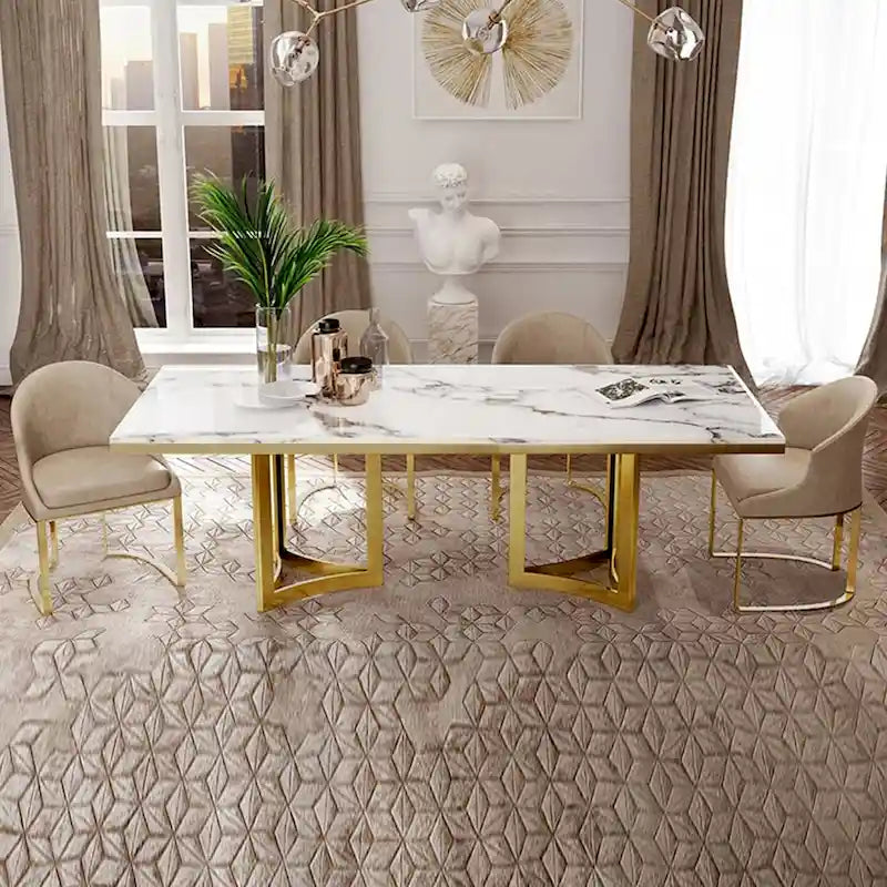 Table à manger moderne en marbre avec plateau rectangulaire blanc et pieds en acier inoxydable doré, table de salle à manger pour 4-6 personnes - 160 cm