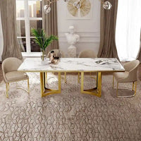 Table à manger moderne en marbre avec plateau rectangulaire blanc et pieds en acier inoxydable doré, table de salle à manger pour 4-6 personnes - 160 cm
