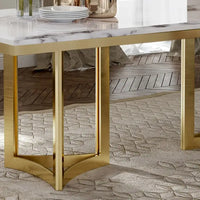 Table à manger moderne en marbre avec plateau rectangulaire blanc et pieds en acier inoxydable doré, table de salle à manger pour 4-6 personnes - 160 cm