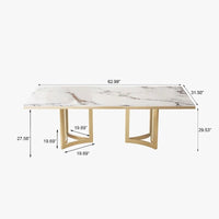 Table à manger moderne en marbre avec plateau rectangulaire blanc et pieds en acier inoxydable doré, table de salle à manger pour 4-6 personnes - 160 cm