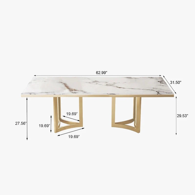 Table à manger moderne en marbre avec plateau rectangulaire blanc et pieds en acier inoxydable doré, table de salle à manger pour 4-6 personnes - 160 cm
