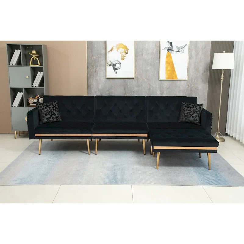 Canapé Sectionnel Forme L Convertible Rembourré Capitonné en Polyester avec Pouf