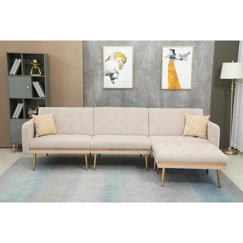 Canapé Sectionnel Forme L Convertible Rembourré Capitonné en Polyester avec Pouf