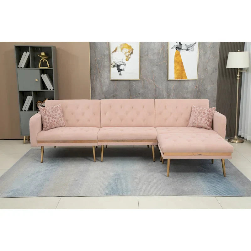 Canapé Sectionnel Forme L Convertible Rembourré Capitonné en Polyester avec Pouf