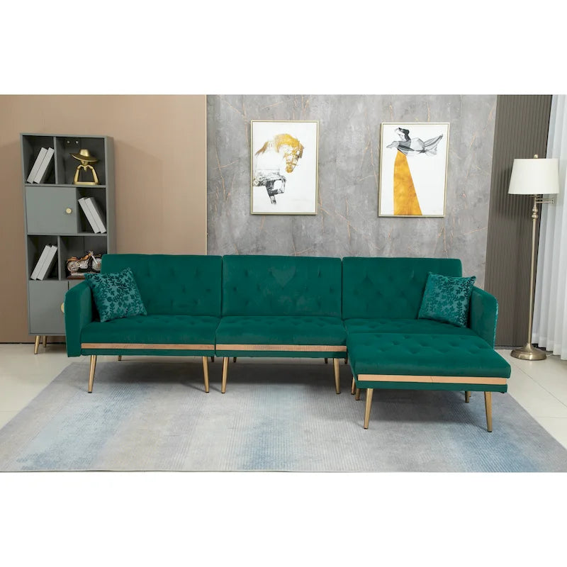 Canapé Sectionnel Forme L Convertible Rembourré Capitonné en Polyester avec Pouf