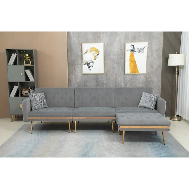 Canapé Sectionnel Forme L Convertible Rembourré Capitonné en Polyester avec Pouf