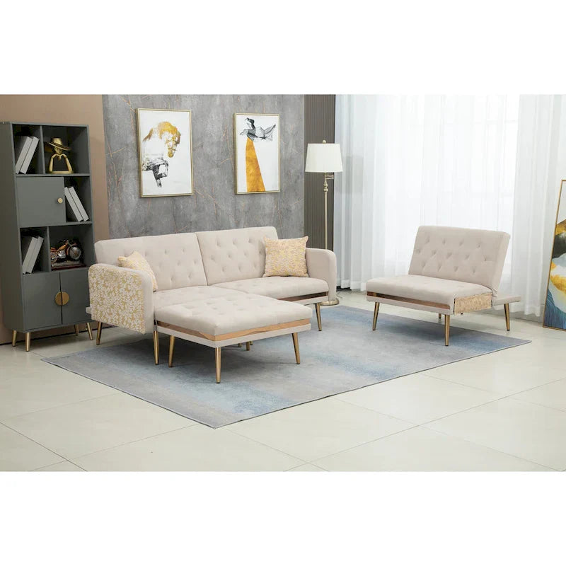 Canapé Sectionnel Forme L Convertible Rembourré Capitonné en Polyester avec Pouf