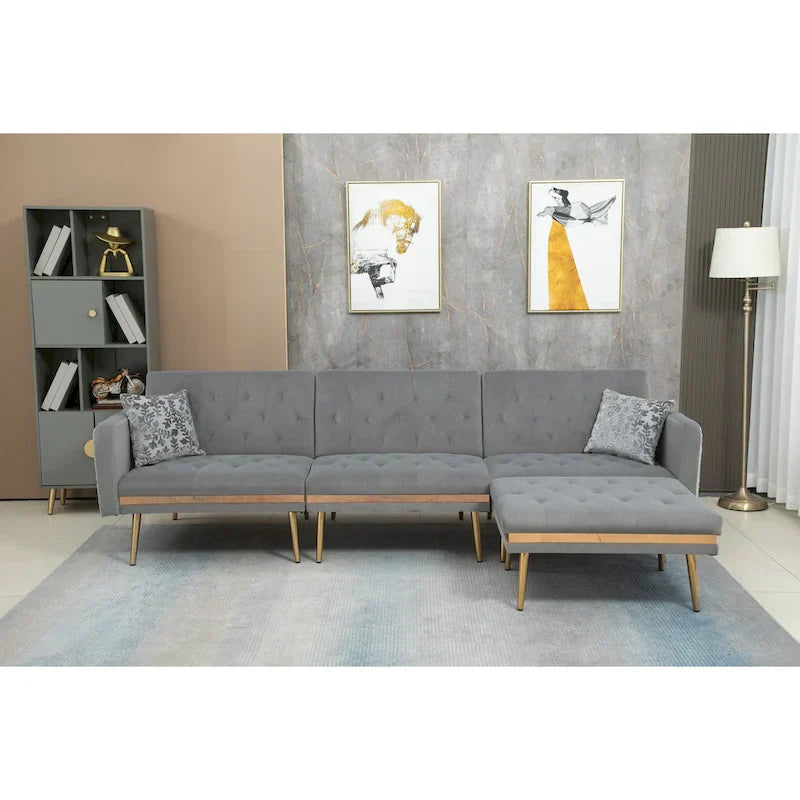 Canapé Sectionnel Forme L Convertible Rembourré Capitonné en Polyester avec Pouf