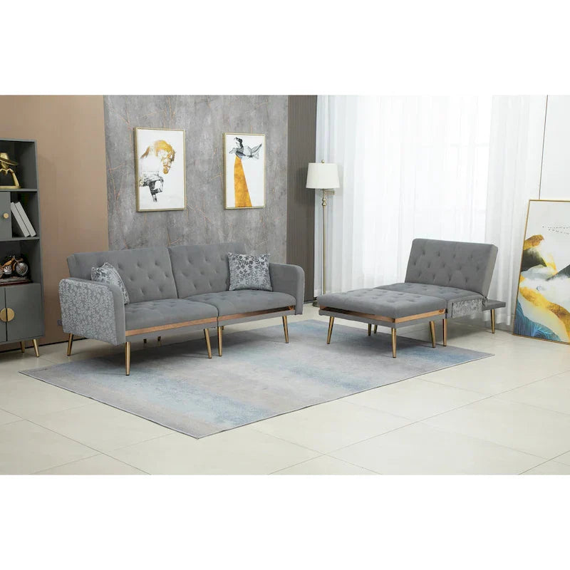 Canapé Sectionnel Forme L Convertible Rembourré Capitonné en Polyester avec Pouf