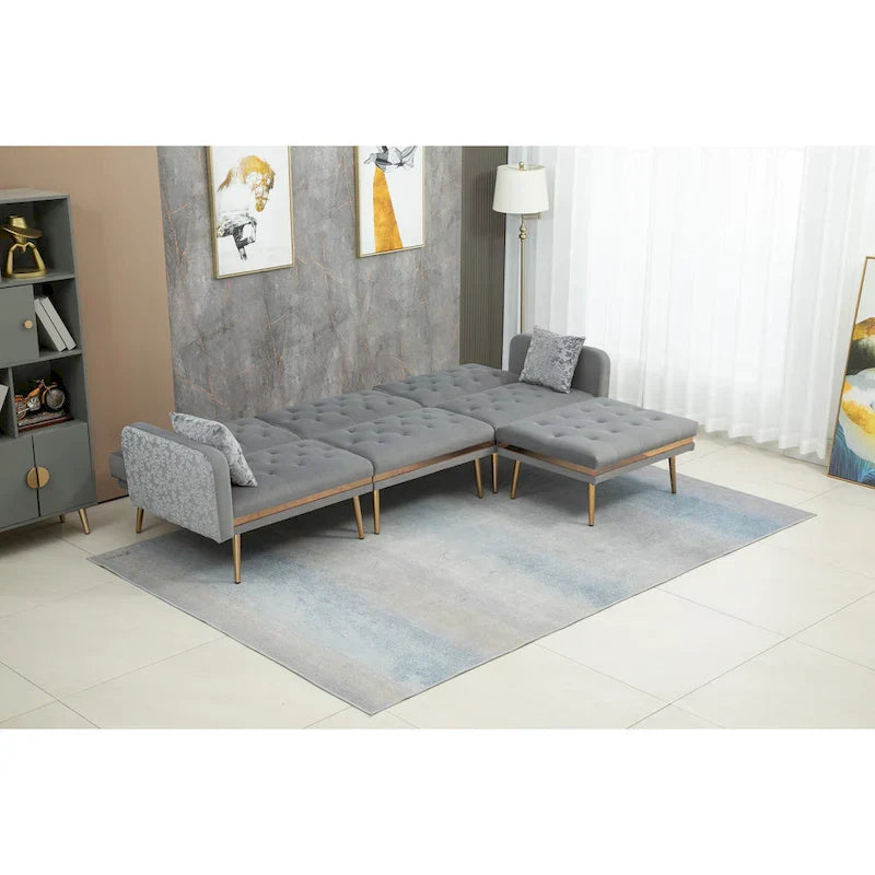 Canapé Sectionnel Forme L Convertible Rembourré Capitonné en Polyester avec Pouf
