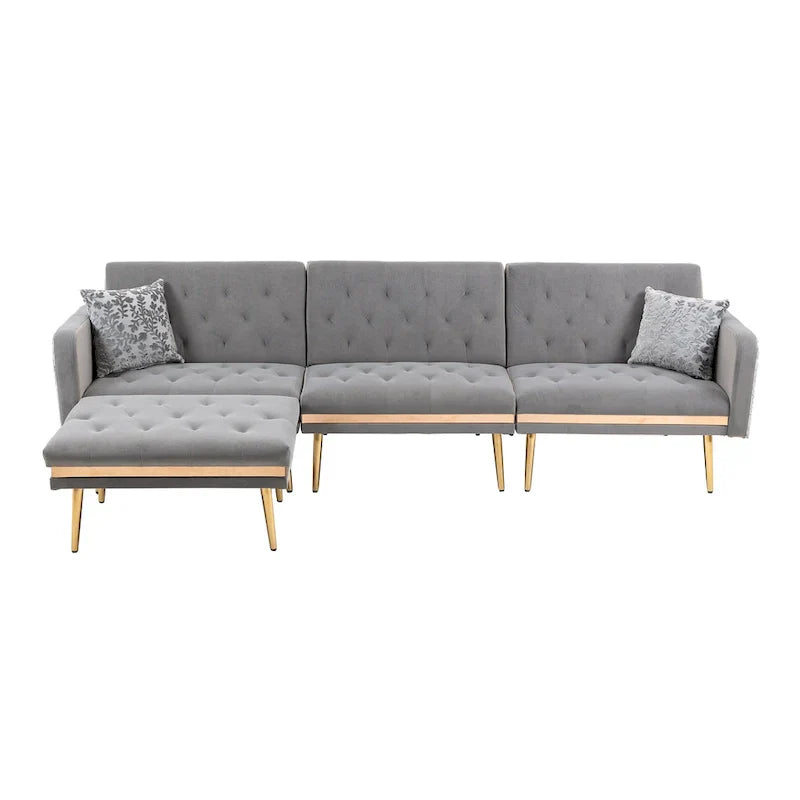 Canapé Sectionnel Forme L Convertible Rembourré Capitonné en Polyester avec Pouf