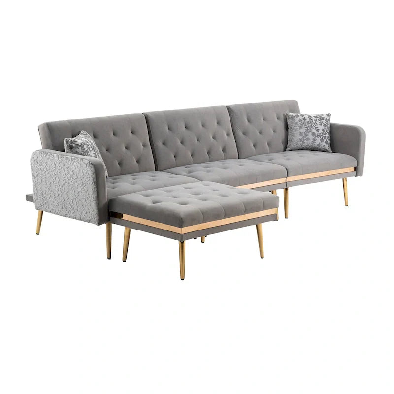 Canapé Sectionnel Forme L Convertible Rembourré Capitonné en Polyester avec Pouf