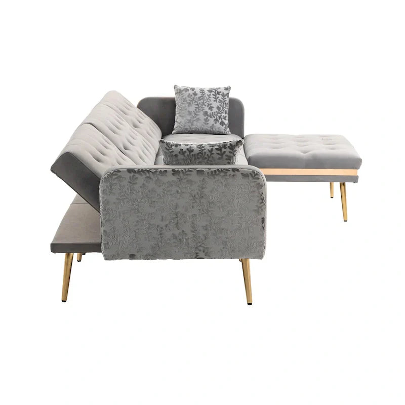 Canapé Sectionnel Forme L Convertible Rembourré Capitonné en Polyester avec Pouf