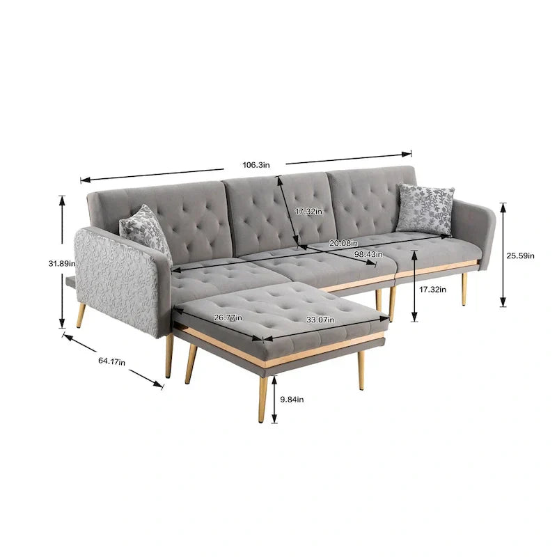 Canapé Sectionnel Forme L Convertible Rembourré Capitonné en Polyester avec Pouf