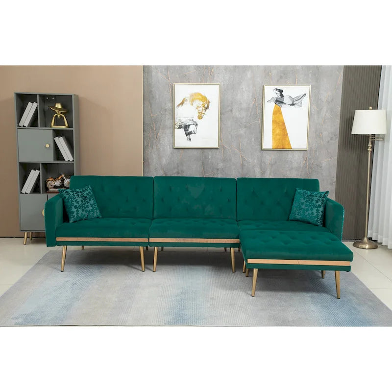 Canapé Sectionnel Forme L Convertible Rembourré Capitonné en Polyester avec Pouf