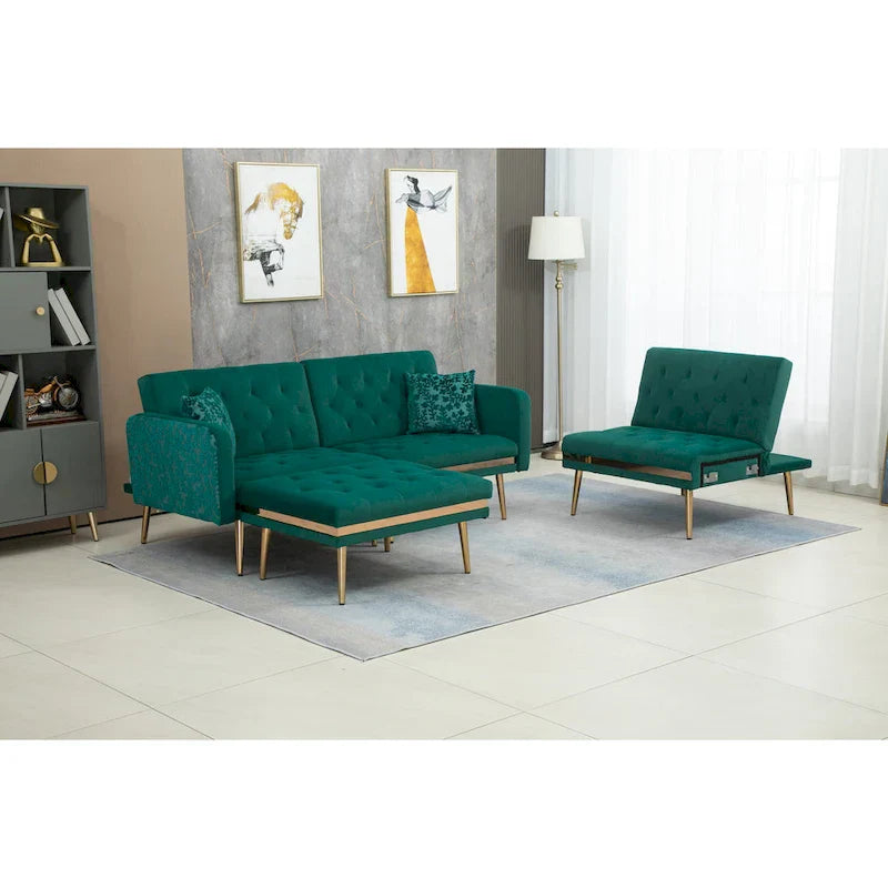 Canapé Sectionnel Forme L Convertible Rembourré Capitonné en Polyester avec Pouf