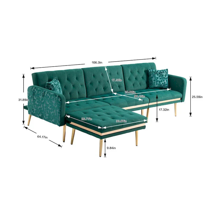 Canapé Sectionnel Forme L Convertible Rembourré Capitonné en Polyester avec Pouf