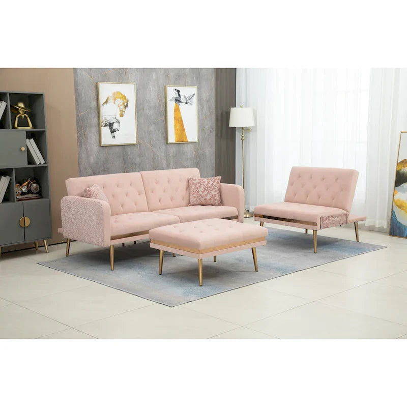 Canapé Sectionnel Forme L Convertible Rembourré Capitonné en Polyester avec Pouf