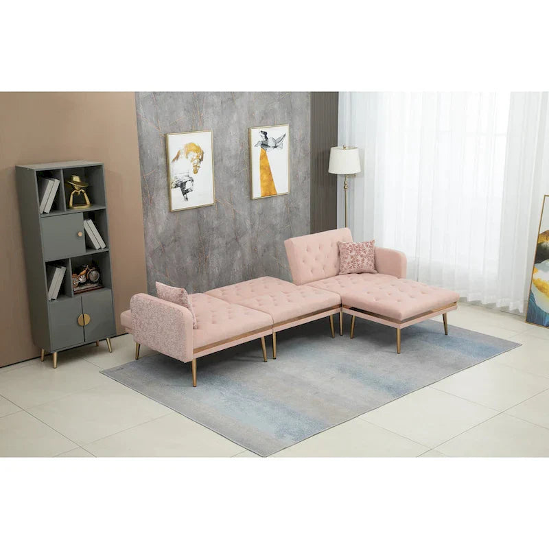 Canapé Sectionnel Forme L Convertible Rembourré Capitonné en Polyester avec Pouf
