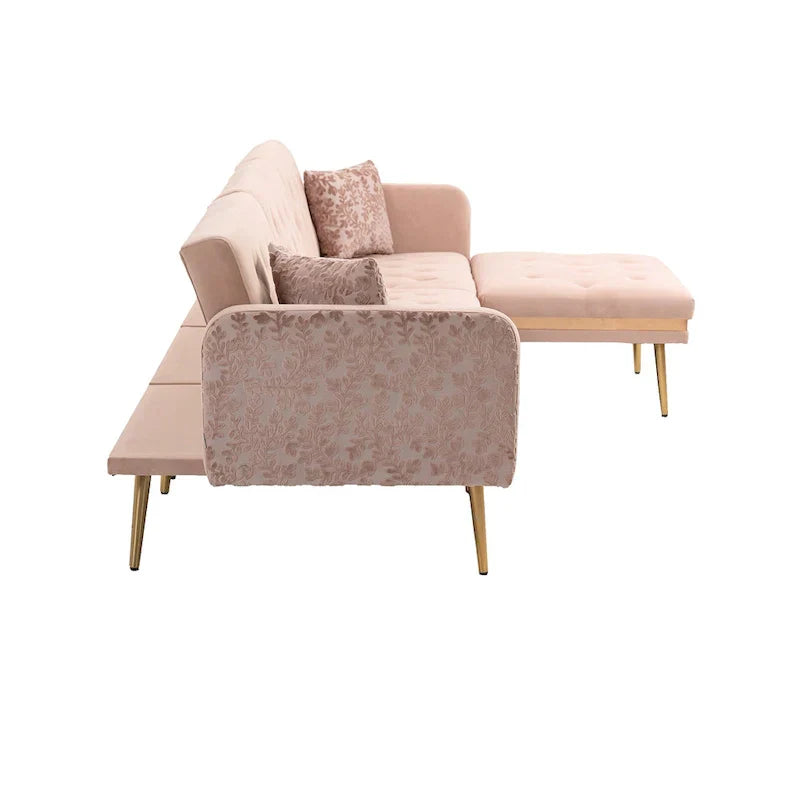Canapé Sectionnel Forme L Convertible Rembourré Capitonné en Polyester avec Pouf