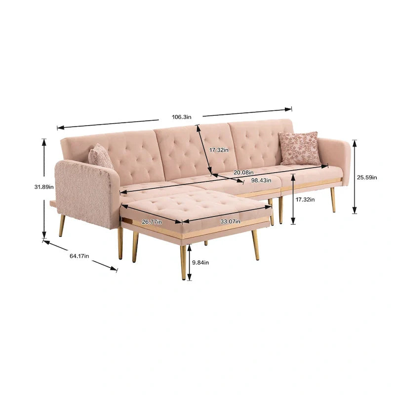 Canapé Sectionnel Forme L Convertible Rembourré Capitonné en Polyester avec Pouf