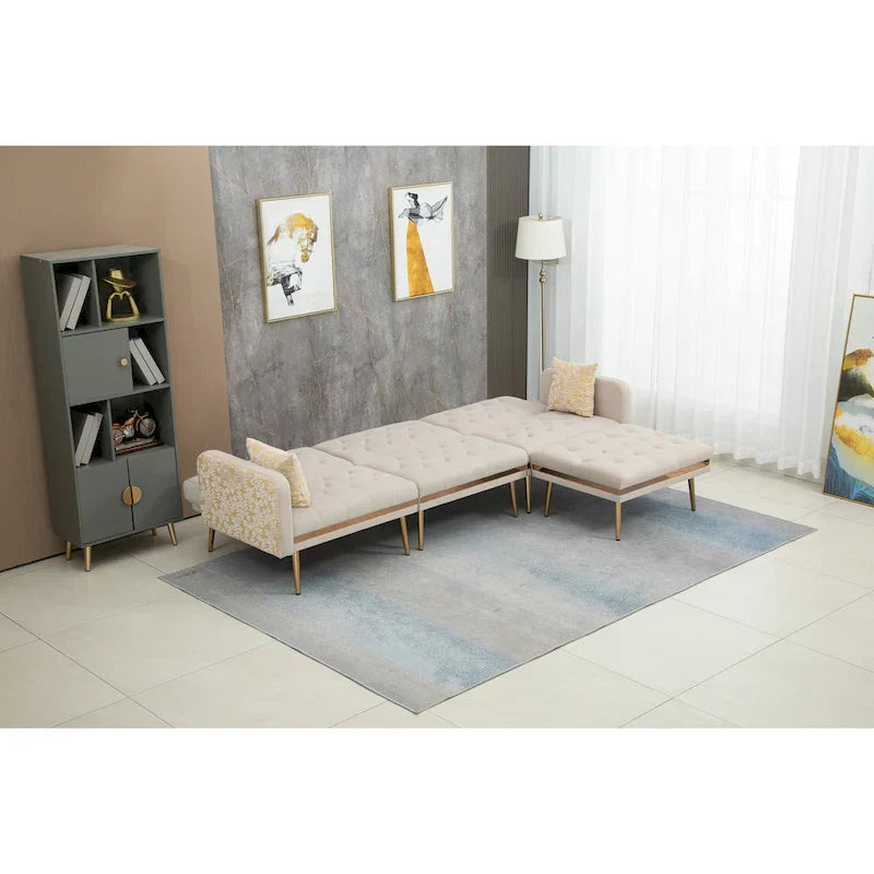 Canapé Sectionnel Forme L Convertible Rembourré Capitonné en Polyester avec Pouf