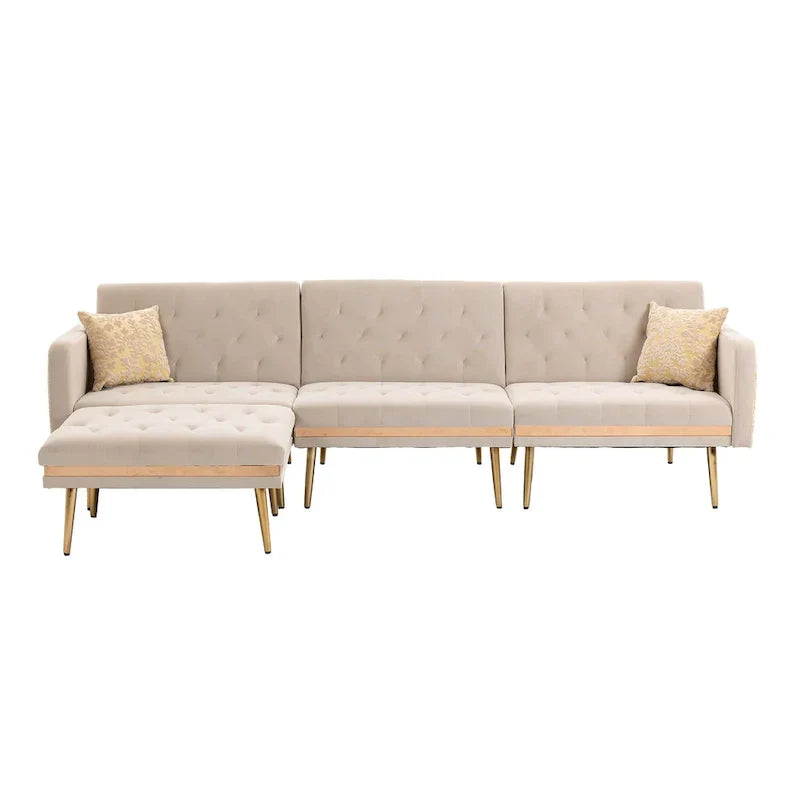 Canapé Sectionnel Forme L Convertible Rembourré Capitonné en Polyester avec Pouf