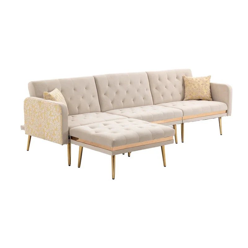 Canapé Sectionnel Forme L Convertible Rembourré Capitonné en Polyester avec Pouf