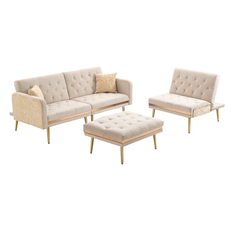 Canapé Sectionnel Forme L Convertible Rembourré Capitonné en Polyester avec Pouf