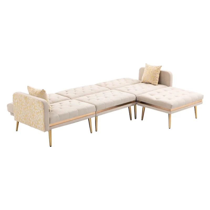 Canapé Sectionnel Forme L Convertible Rembourré Capitonné en Polyester avec Pouf