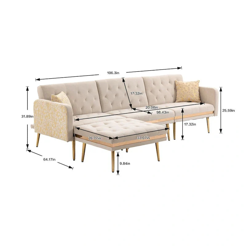 Canapé Sectionnel Forme L Convertible Rembourré Capitonné en Polyester avec Pouf