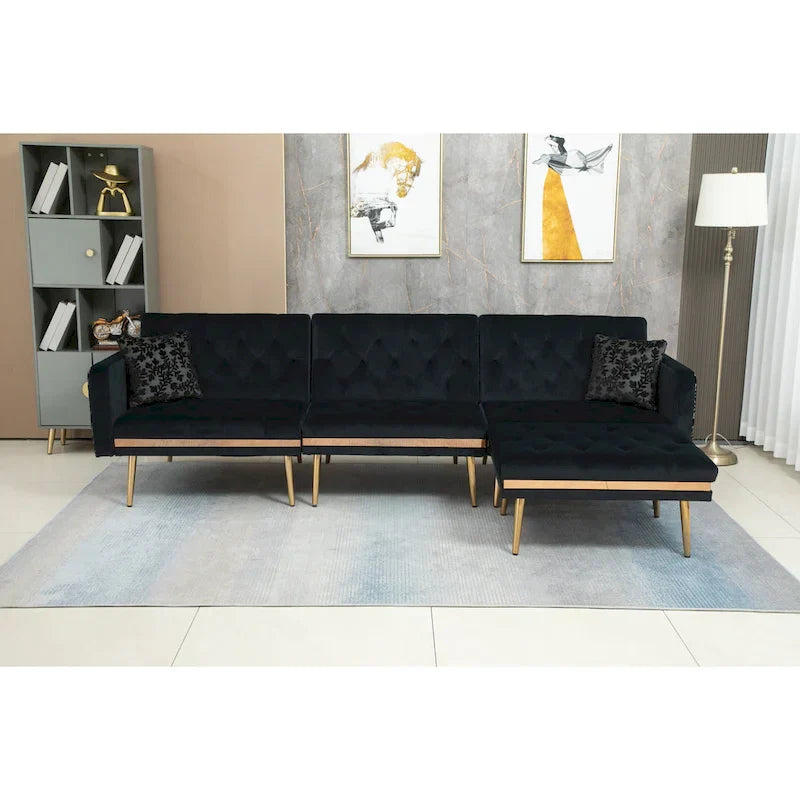 Canapé Sectionnel Forme L Convertible Rembourré Capitonné en Polyester avec Pouf