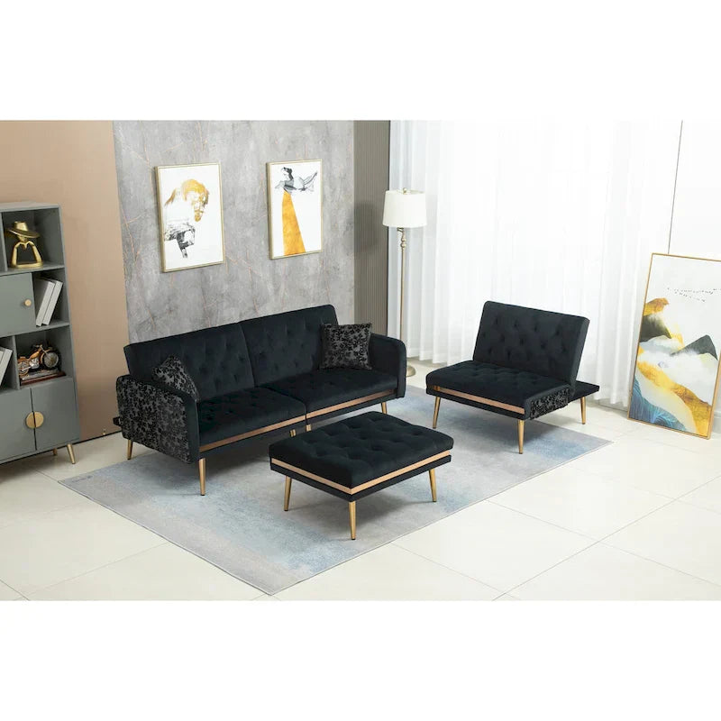 Canapé Sectionnel Forme L Convertible Rembourré Capitonné en Polyester avec Pouf