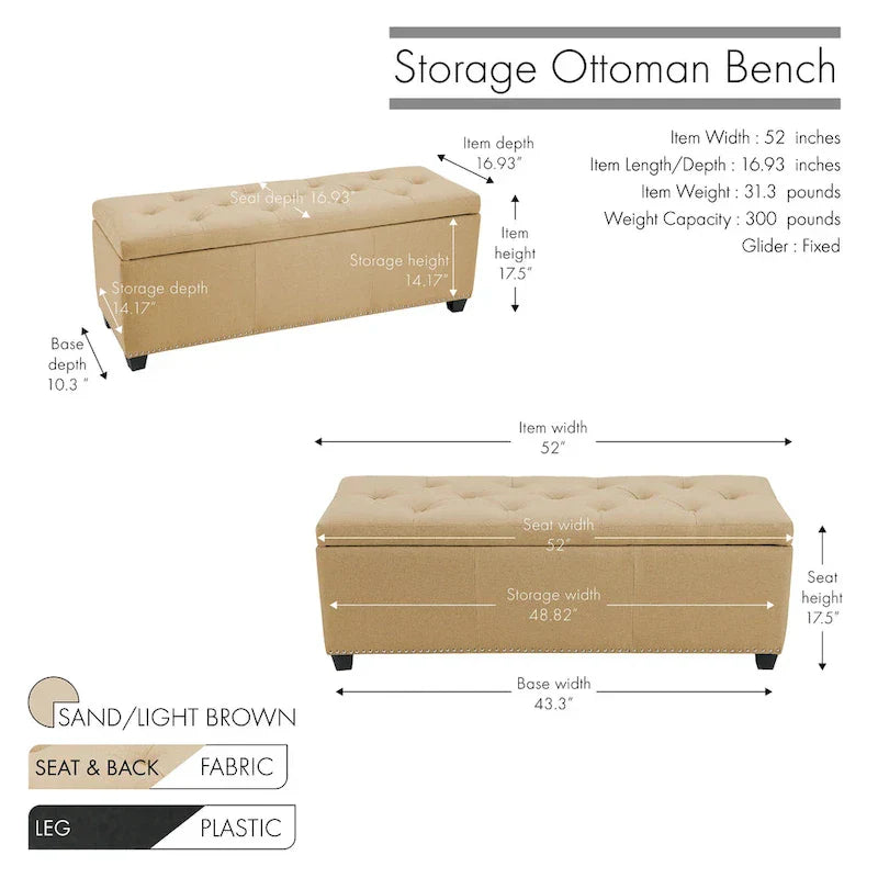 Porthos Home Hekla banc ottoman de rangement rembourré en tissu à dessus basculant
