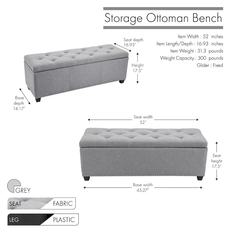 Porthos Home Hekla banc ottoman de rangement rembourré en tissu à dessus basculant