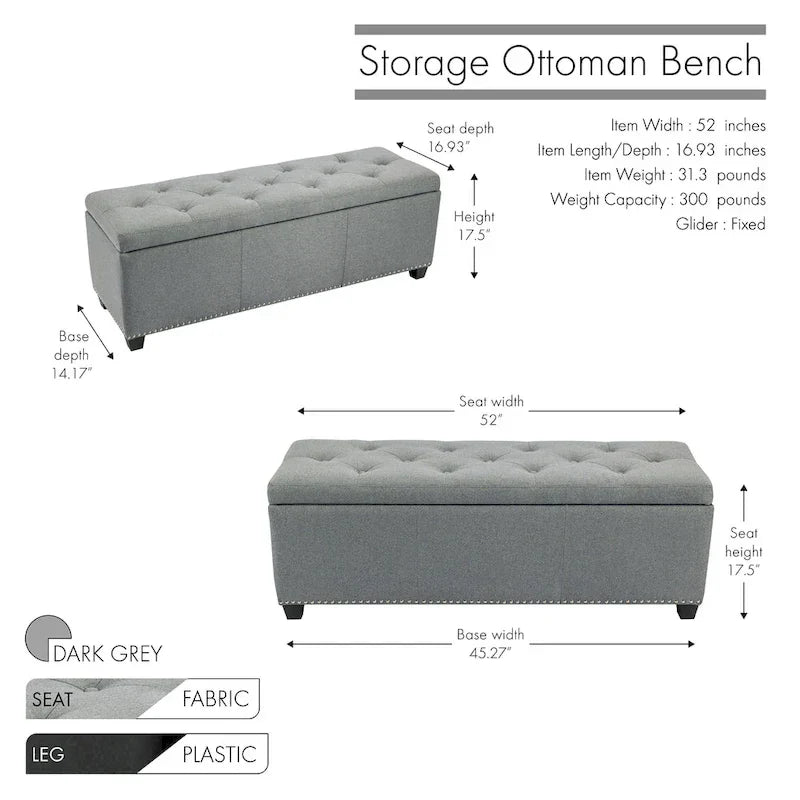 Porthos Home Hekla banc ottoman de rangement rembourré en tissu à dessus basculant