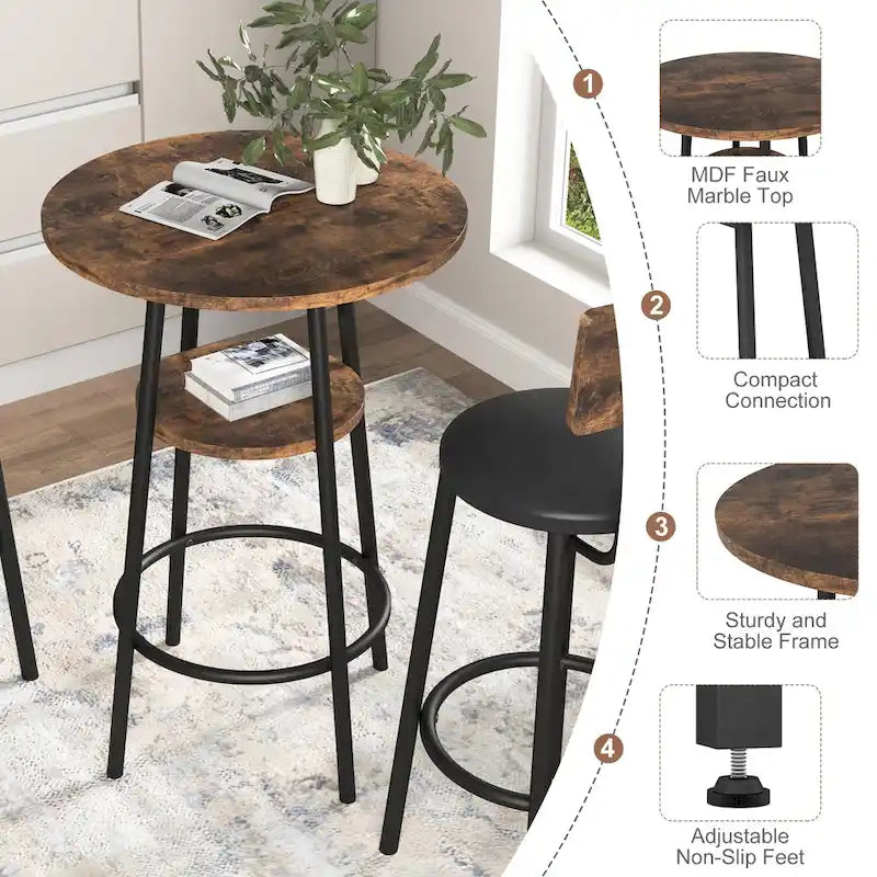 Ensemble de salle à manger 3 pièces, table de bar bistrot ronde à 2 niveaux et chaise rembourrée