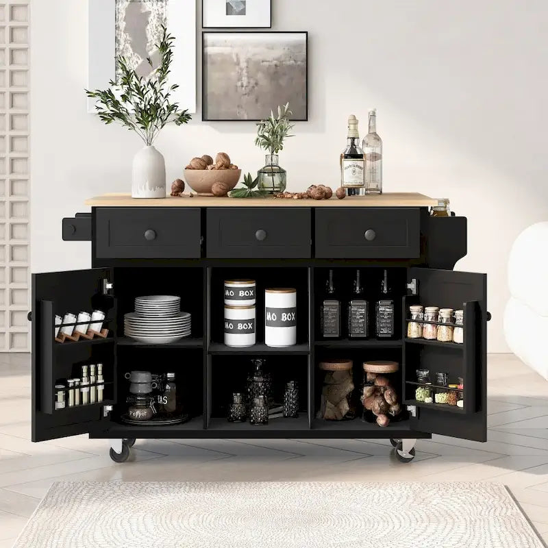 Îlot de cuisine sur 5 roulettes avec meuble de rangement et 3 tiroirs