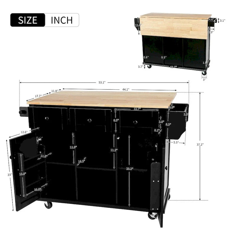 Îlot de cuisine sur 5 roulettes avec meuble de rangement et 3 tiroirs