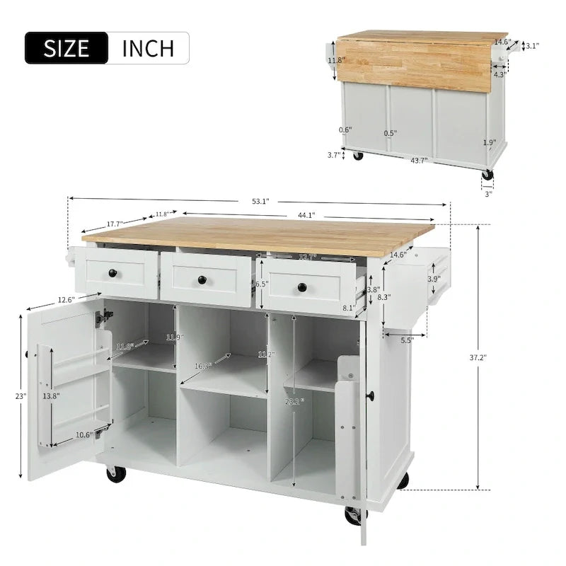 Îlot de cuisine sur 5 roulettes avec meuble de rangement et 3 tiroirs