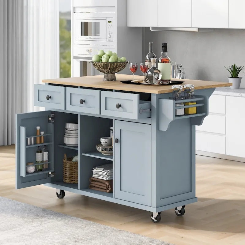 Îlot de cuisine sur 5 roulettes avec meuble de rangement et 3 tiroirs